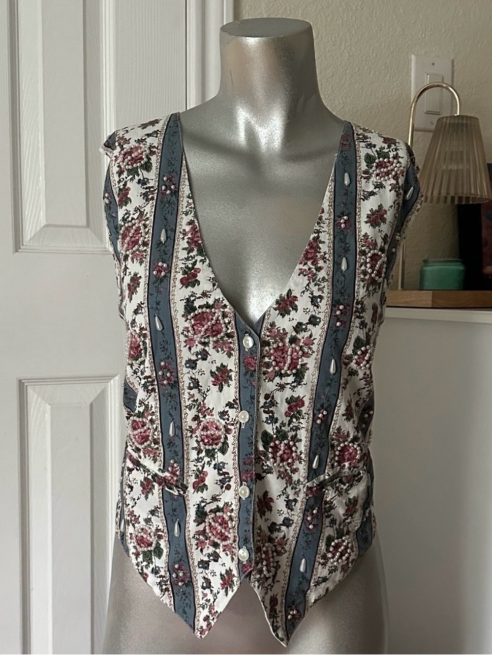 Vintage Fashion Passport Pink & Blue Floral Print Striped Beaded Women’s Vest